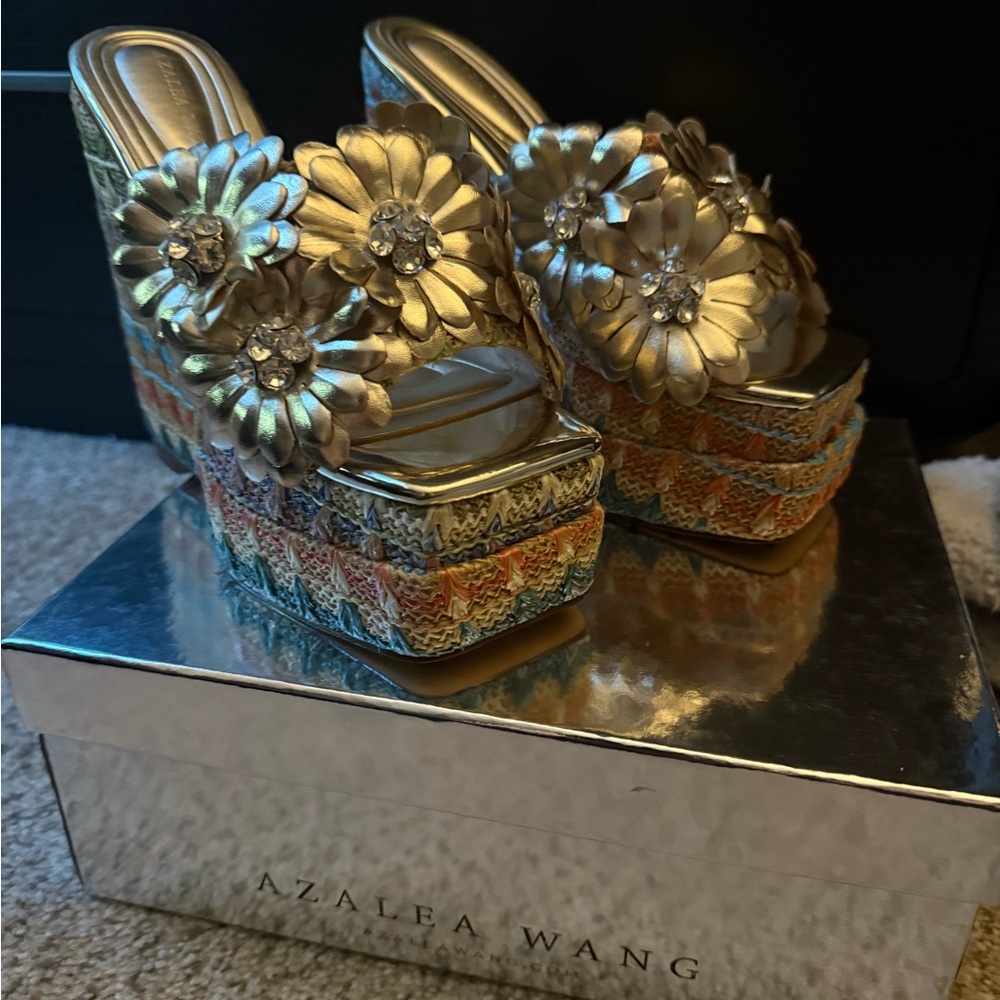 Azalea Wang Gold Floral Platform Sandals